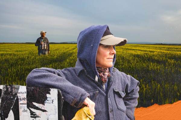 Collage of one male middle farmer and one middle aged woman in the foreground.
